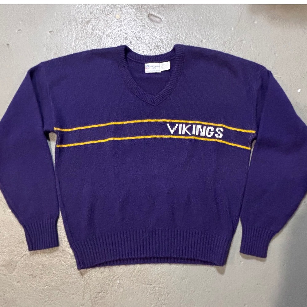 Vintage 80s Minnesota Vikings Sweater Cliff Engle NFL USA Wool Knit Purple L/XL